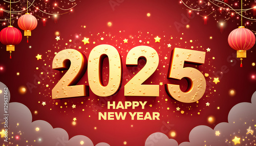 Golden 2025 Happy New Year greeting with festive decorations and lanterns on a red background