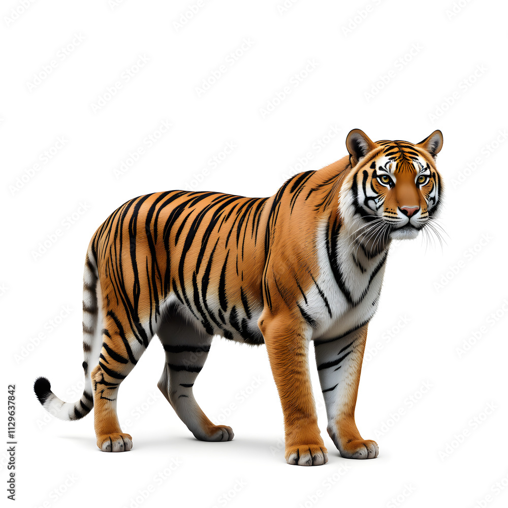 Tiger isolated on a white background, Side view, tiger standing full HD image generated by Ai. full body, realistic, full detail looking at the camera. Tiger isolated on a white background, Side view, tiger standing full HD image generated by Ai. full body, realistic, full detail looking at the camera.