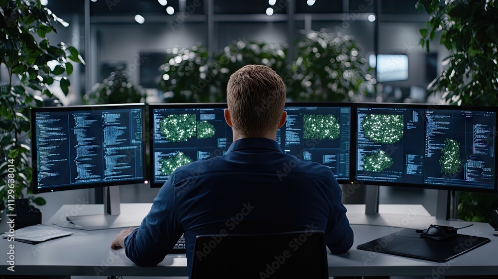 A technician sits at a desk surrounded by multiple computer monitors displaying intricate data and maps in a modern control room, focused on analysis in the evening. A technician sits at a desk surrounded by multiple computer monitors displaying intricate data and maps in a modern control room, focused on analysis in the evening.