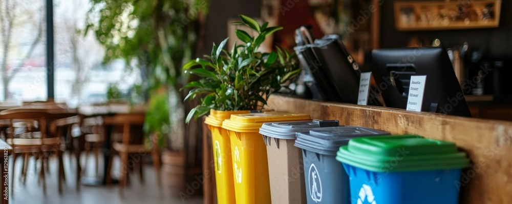 Recycling bins in cozy coffee shop, green business practices, ecofriendly brands Recycling bins in cozy coffee shop, green business practices, ecofriendly brands
