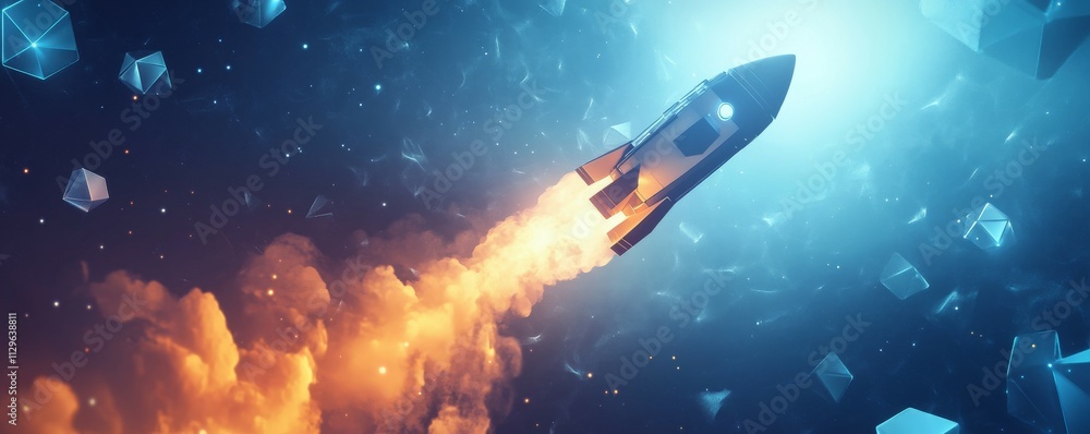Rocket streaking through a sky of floating geometric shapes, energy and motion concept, scifi style