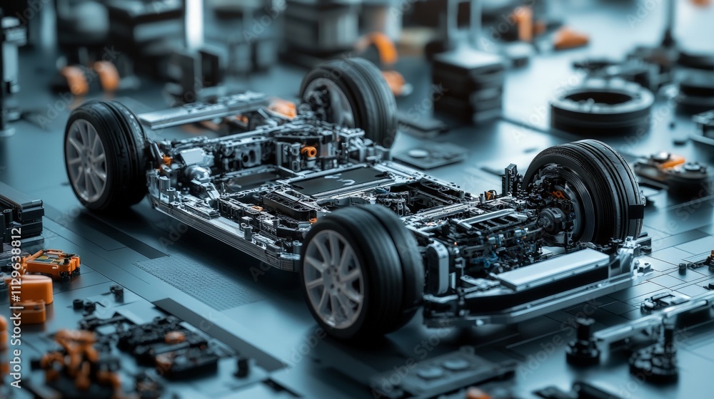 Fototapeta premium Electric Vehicle Assembly Line, dynamic factory environment, advanced machinery in action, innovative technology, automotive manufacturing, cutting-edge production processes.