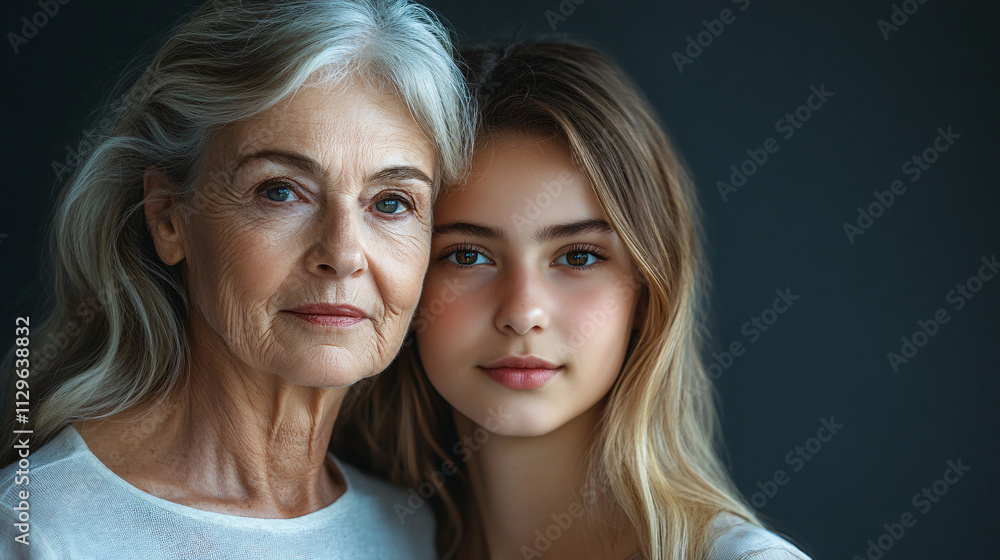 A studio portrait of an elderly woman and her daughter with beautiful skin, showcasing the effect that future skincare products can have on their faces over time. The background is dark gray A studio portrait of an elderly woman and her daughter with beautiful skin, showcasing the effect that future skincare products can have on their faces over time. The background is dark gray