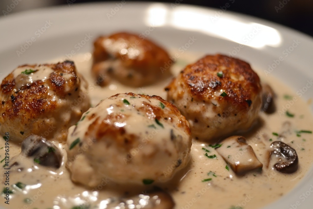 Mushroom sauce coated chicken meatballs Mushroom sauce coated chicken meatballs
