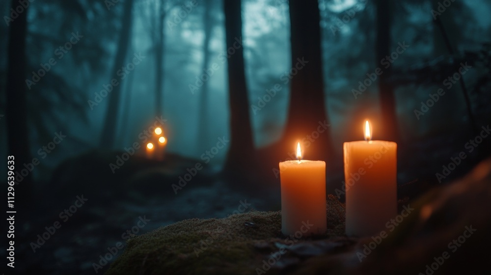 lit candles in the middle of a foggy night forest lit candles in the middle of a foggy night forest