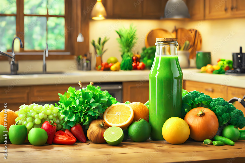 Healthy vegetable juice with lot's of veggies on kitchen Healthy vegetable juice with lot's of veggies on kitchen