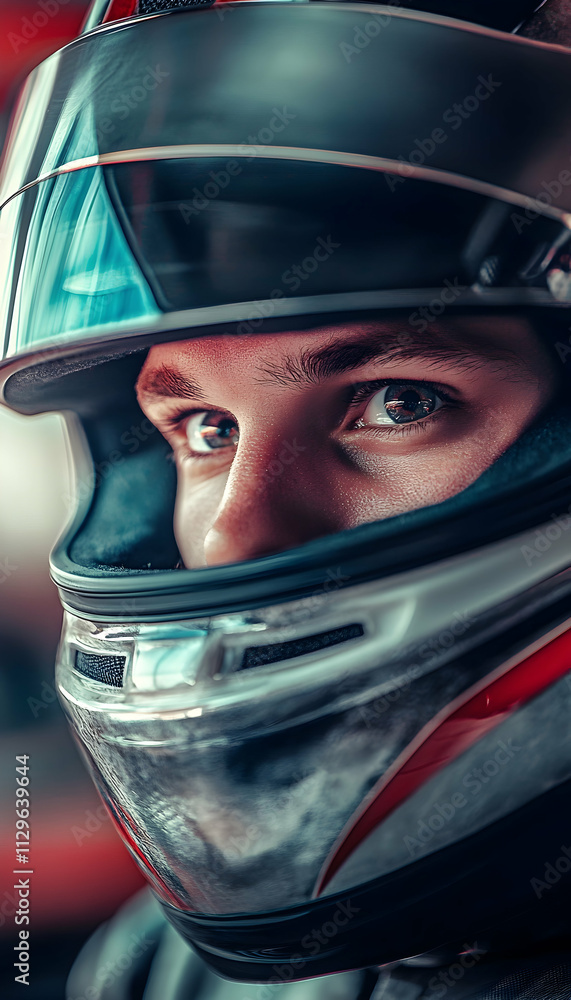 A professional racer wearing a helmet, appearing focused and ready for an intense race. - A professional racer wearing a helmet, appearing focused and ready for an intense race. -