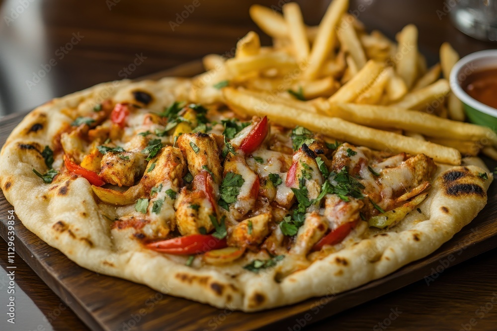 Naan filled with chicken fajita accompanied by fries a fusion of Pakistani cuisine Naan filled with chicken fajita accompanied by fries a fusion of Pakistani cuisine