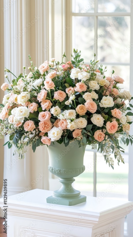 Fototapeta premium A bouquet of white and peach roses with eucalyptus leaves is displayed in a green vase by a window. Sunlight filters through, enhancing the peaceful indoor setting