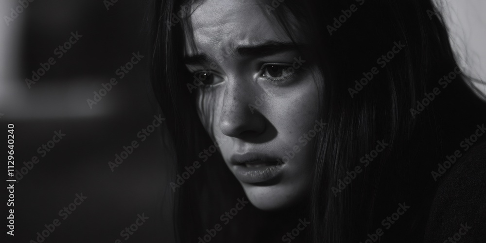 Black and white close up portrait of a young woman conveying feelings of sadness, deep contemplation, and loneliness Black and white close up portrait of a young woman conveying feelings of sadness, deep contemplation, and loneliness