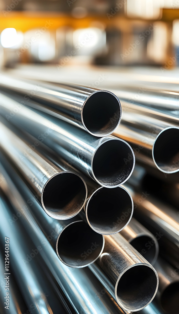 A stack of steel pipes neatly arranged in a warehouse or factory, set against a blurred industrial background. - A stack of steel pipes neatly arranged in a warehouse or factory, set against a blurred industrial background. -