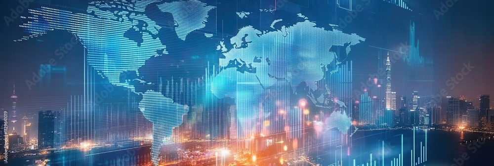 Digital Globe and Cityscape Composite, Cool Blues and Greens with Hint of Red, Set against Futuristic Backdrop for Business and Technology Visualization Digital Globe and Cityscape Composite, Cool Blues and Greens with Hint of Red, Set against Futuristic Backdrop for Business and Technology Visualization
