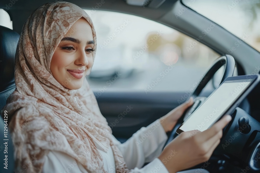 Muslim woman in hijab guides husband using digital map. Muslim woman in hijab guides husband using digital map.