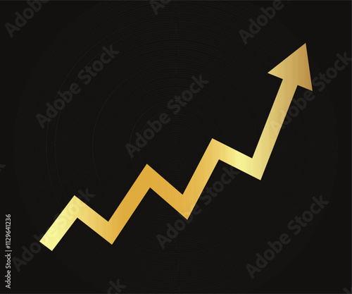 Golden shiny arrow is going up isolated on a black background. Gold arrow, Vector.Business concept, growing chart. Concept of sales symbol icon with arrow moving up. Economic Arrow With Growing Trend.