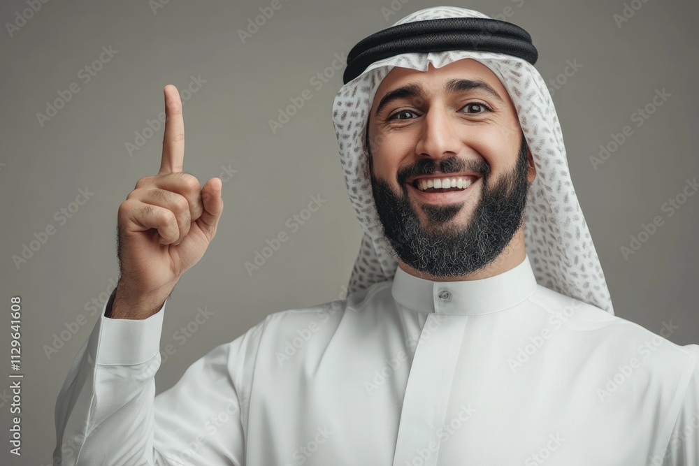 Happy Muslim salesman in traditional clothes pointing up in studio. Happy Muslim salesman in traditional clothes pointing up in studio.