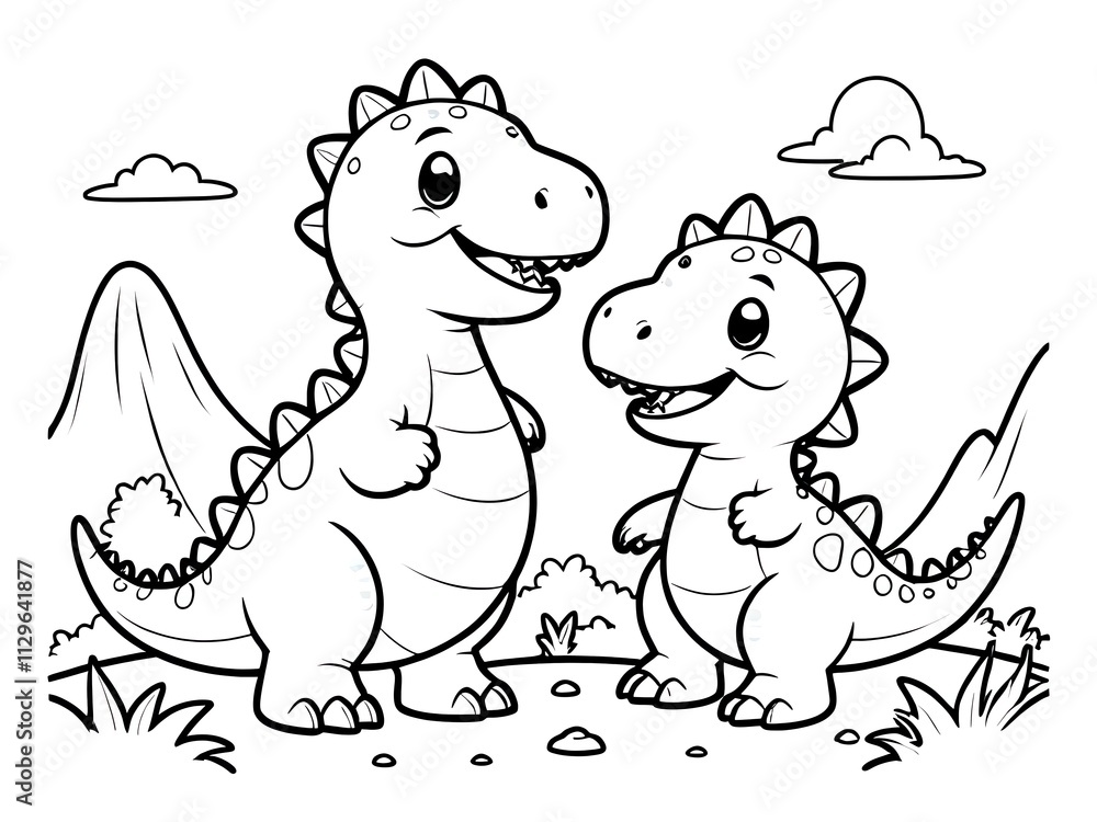 Fototapeta premium Adorable Dinosaur Duo: A Coloring Page Featuring Two Cute Dinosaurs in a Prehistoric Landscape