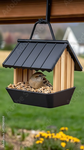 A small bird is perched on the edge of a black and wooden bird feeder filled with seeds. The feeder hangs from a roof above a green lawn, highlighting a serene garden setting. photo