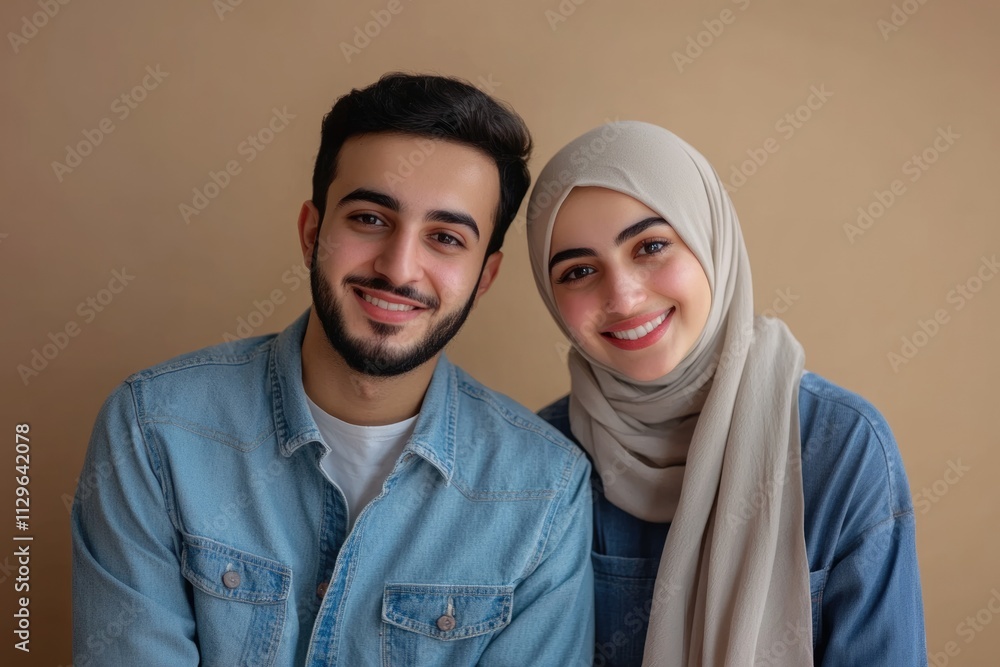 Stylish Muslim couple in denim outfits share happy moment. Stylish Muslim couple in denim outfits share happy moment.