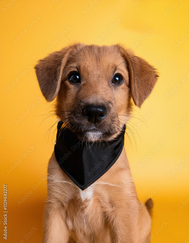An adorable puppy wearing a black bandana poses against a bright yellow background. An adorable puppy wearing a black bandana poses against a bright yellow background.