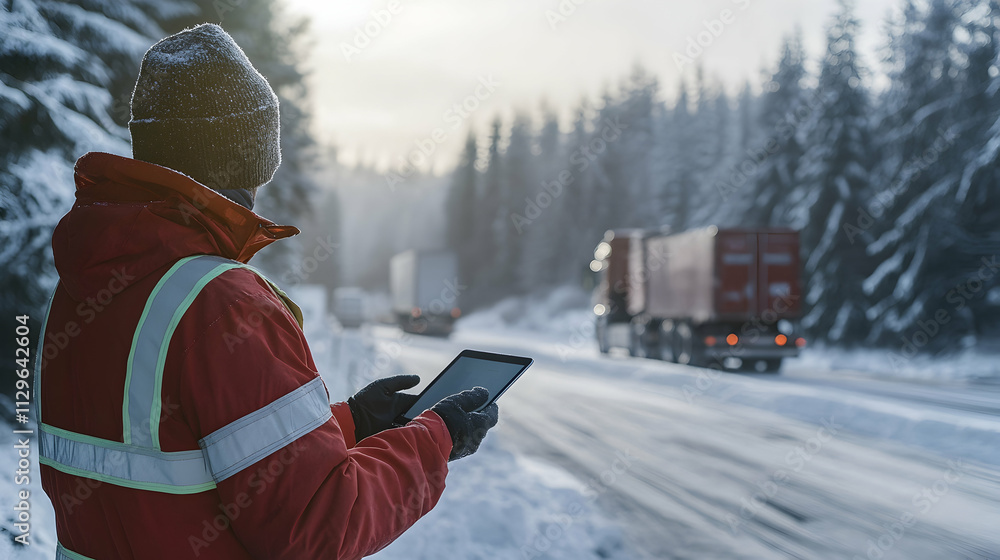 A worker in reflective clothing using a tablet on a snowy road, with trucks and a forested backdrop - A worker in reflective clothing using a tablet on a snowy road, with trucks and a forested backdrop -