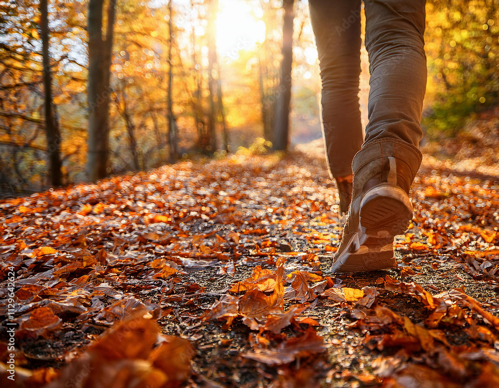 A person walks through fallen autumn leaves on a forest path while golden sunlight filters through the trees.