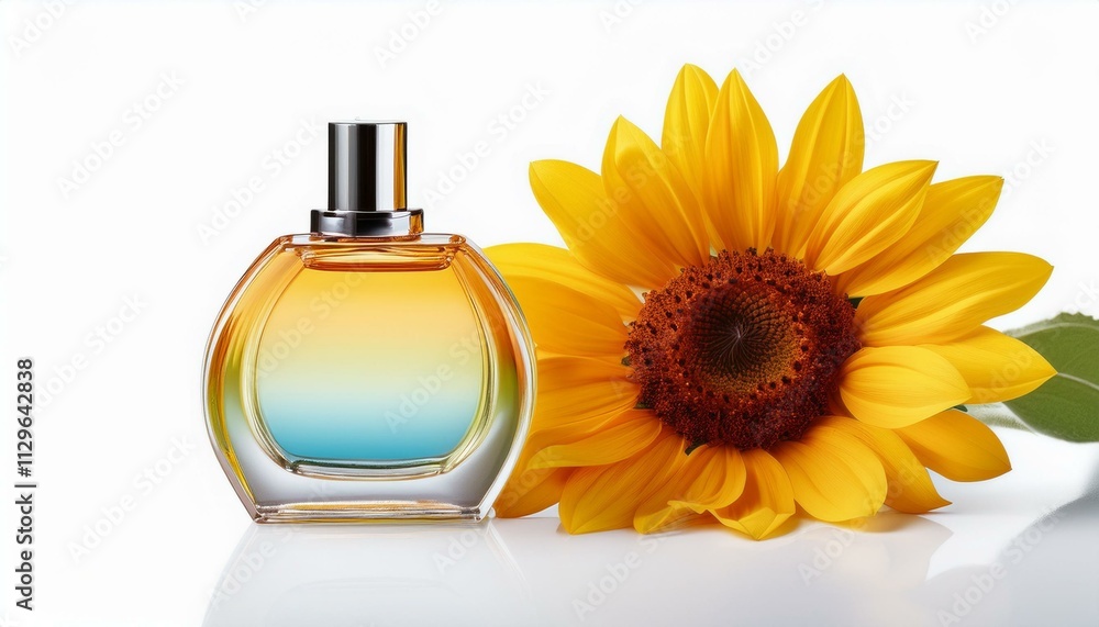 A bottle of perfume sits next to a vibrant sunflower, exuding summer freshness. A bottle of perfume sits next to a vibrant sunflower, exuding summer freshness.