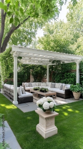 Wallpaper Mural A stylish outdoor lounge area features plush cushions and decorative plants, offering a serene retreat surrounded by flowering shrubs on a sunny day Torontodigital.ca