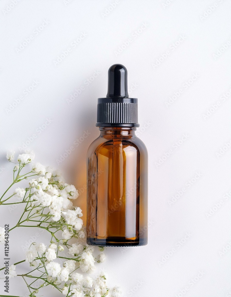 Amber bottle of essential oil with delicate white flowers. Amber bottle of essential oil with delicate white flowers.