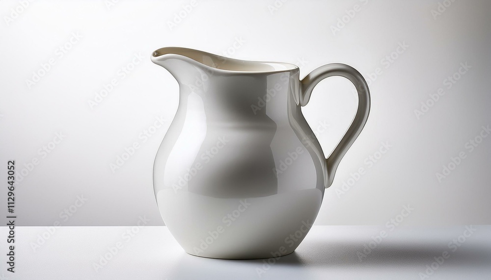 Elegant off-white ceramic creamer on a white table. Simple, minimalist design. Elegant off-white ceramic creamer on a white table. Simple, minimalist design.