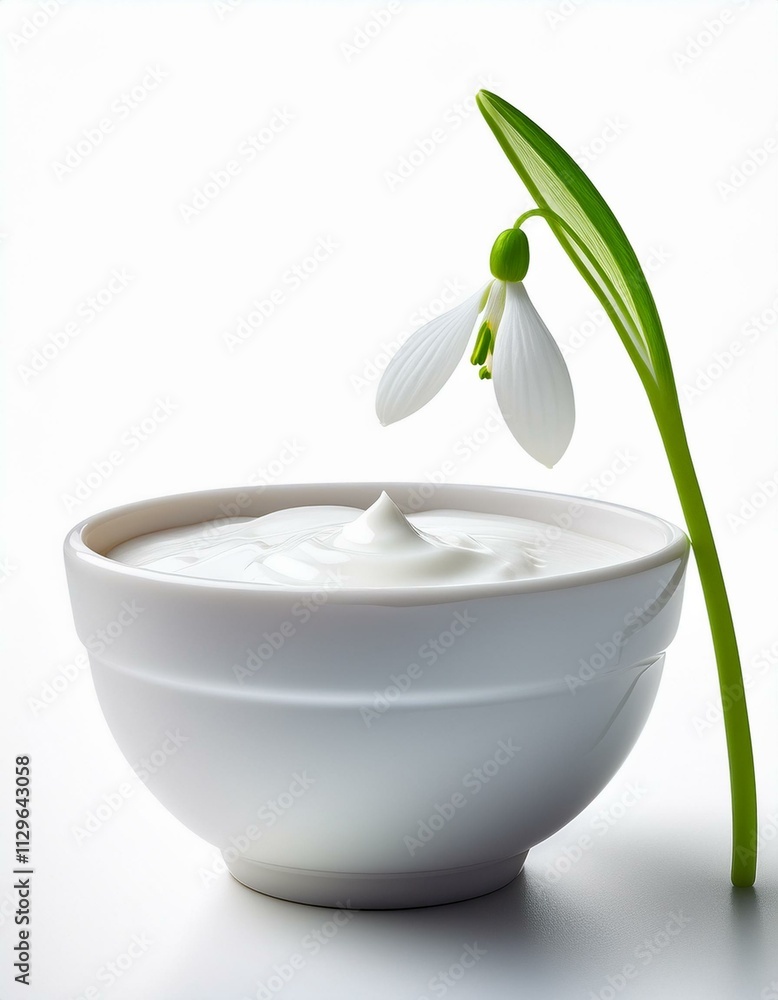 Creamy white bowl of yogurt with a delicate snowdrop flower. Creamy white bowl of yogurt with a delicate snowdrop flower.