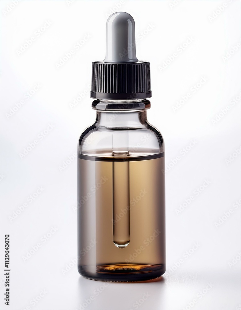Amber glass bottle with a dropper, filled with a dark liquid. Clean and minimalist product shot. Amber glass bottle with a dropper, filled with a dark liquid. Clean and minimalist product shot.