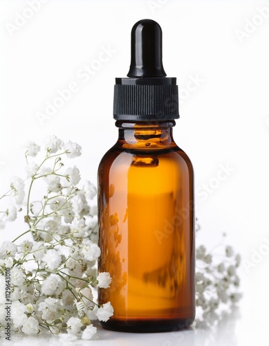 Amber glass bottle of essential oil with delicate white flowers.