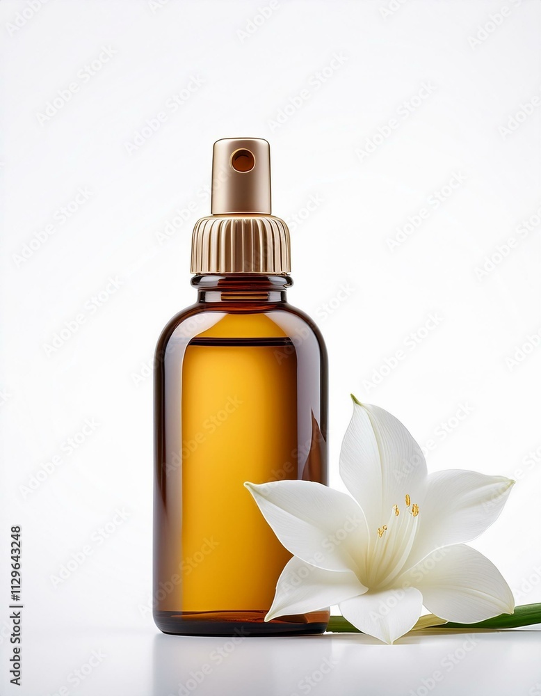Amber bottle of fragrance mist with a white flower. Amber bottle of fragrance mist with a white flower.