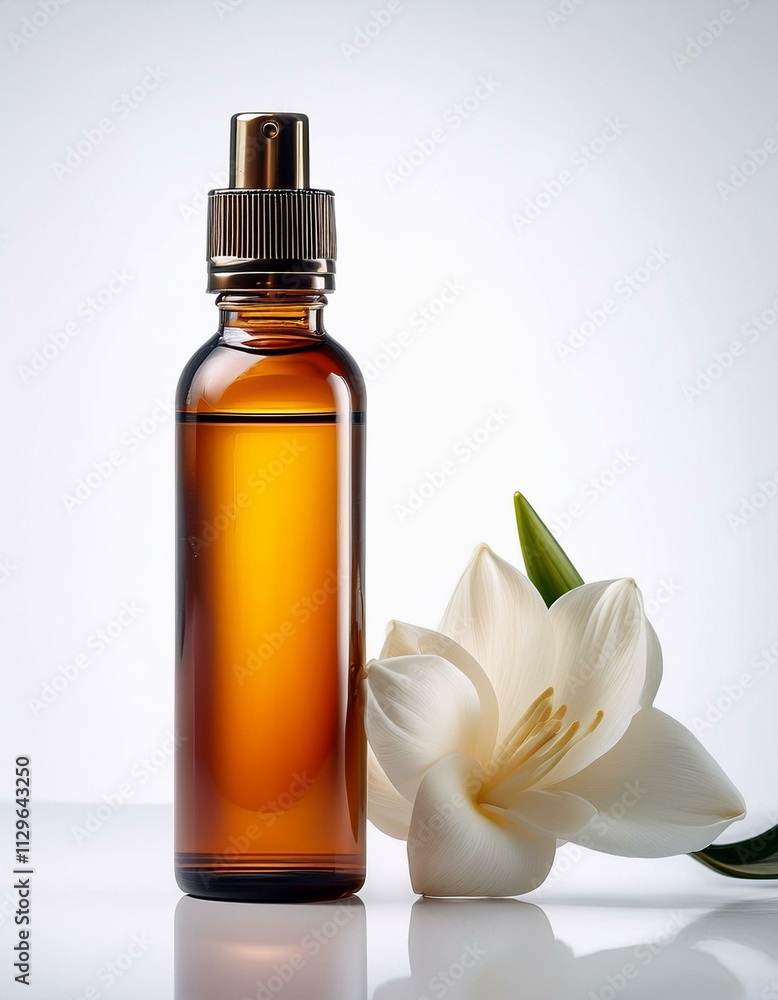 Amber bottle of essential oil with a delicate white flower. Amber bottle of essential oil with a delicate white flower.