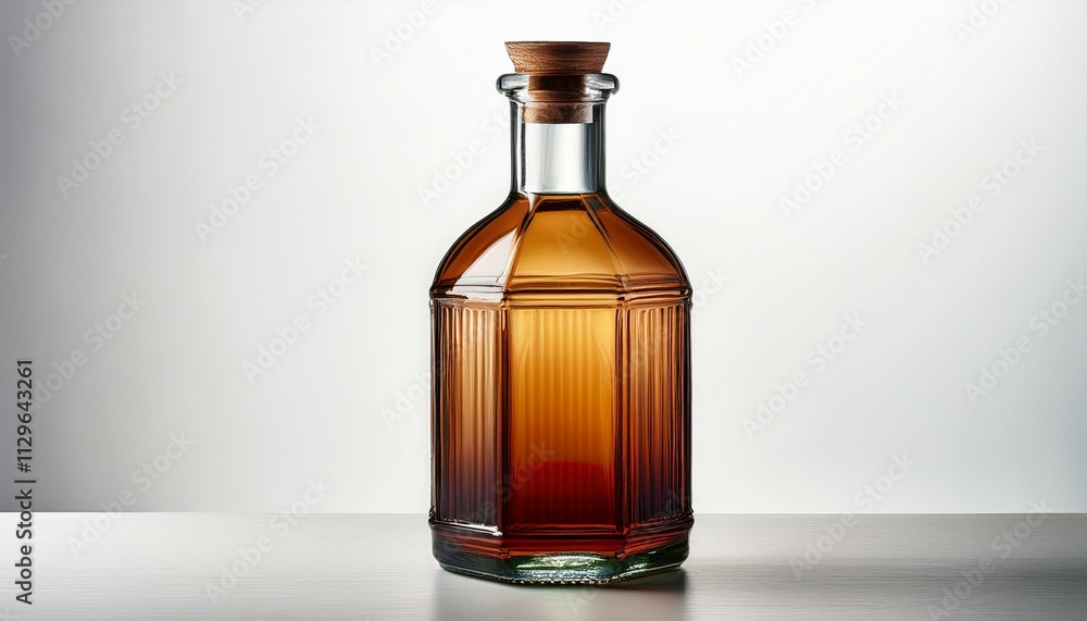 Amber liquid in a glass decanter with a cork stopper, set against a neutral background.