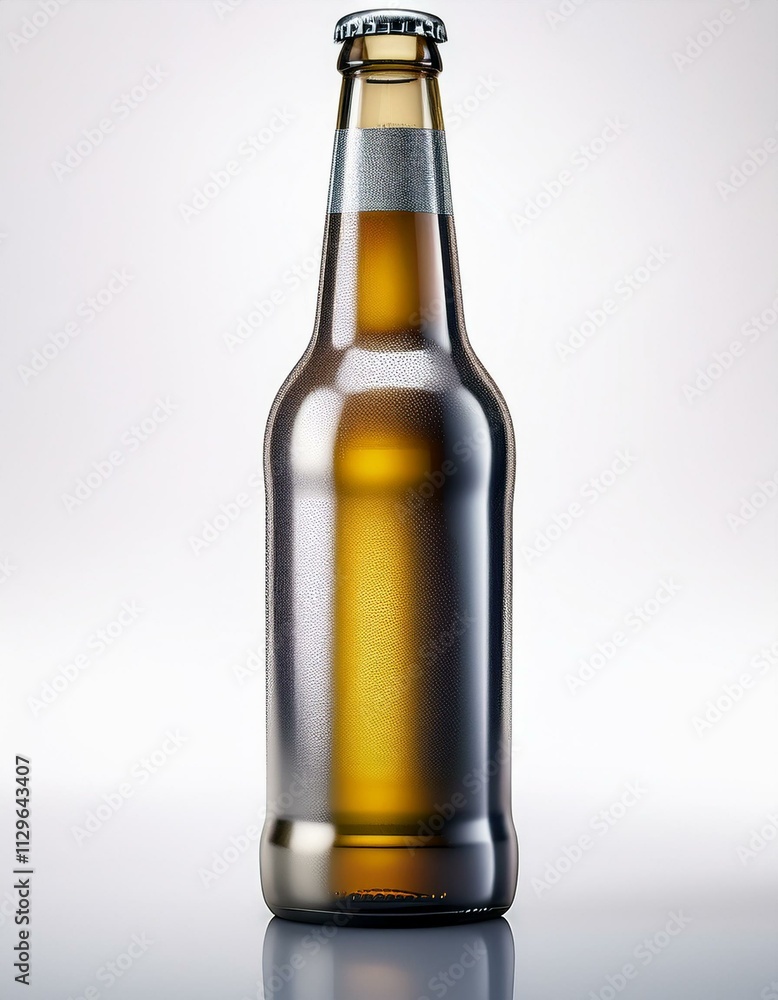 A single beer bottle stands against a neutral background. A single beer bottle stands against a neutral background.