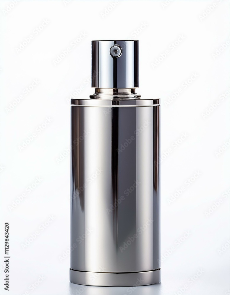 Sleek metallic perfume bottle with a silver cap, isolated on a white background. Sleek metallic perfume bottle with a silver cap, isolated on a white background.