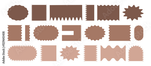 Sticker wavy shape mocha mousse colour, stamp rectangle, oval border icon, wave edge frame set. Star burst label, price tag corrugated, promo badge isolated on white background. Vector illustration