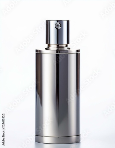 Sleek metallic perfume bottle with a silver cap, isolated on a white background.