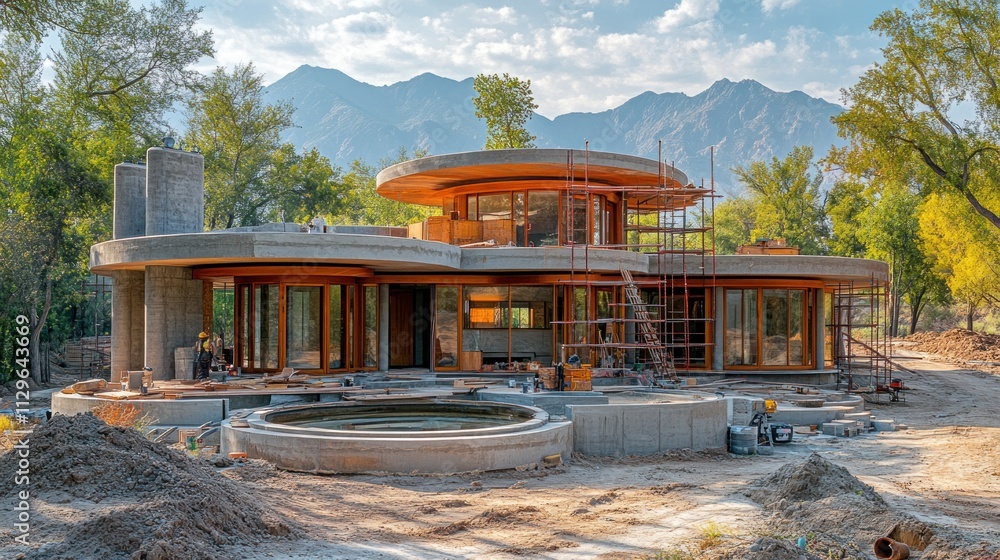 Obraz premium Modern home under construction with scenic backdrop.