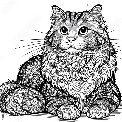 children's coloring page cat on a white background, line art, hand drawn, birthday, child, baby, relaxation, mascot, childish, little, fluffy, fun, art, draw, colouring, wings, paint, object, picture