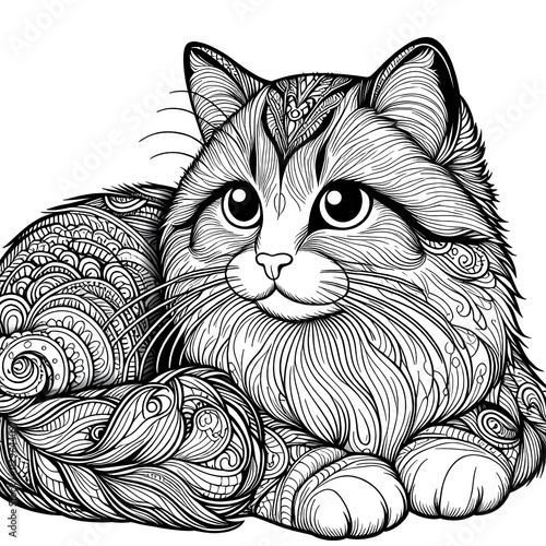 children's coloring page cat on a white background, line art, hand drawn, birthday, child, baby, relaxation, mascot, childish, little, fluffy, fun, art, draw, colouring, wings, paint, object, picture