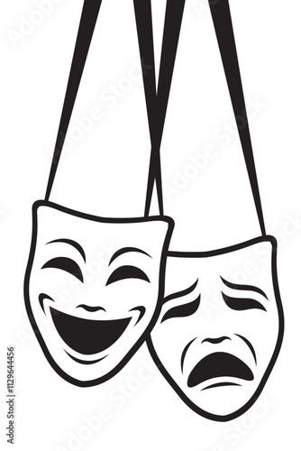 icon of comedy and tragedy theatrical masks with ribbon isolated on white background