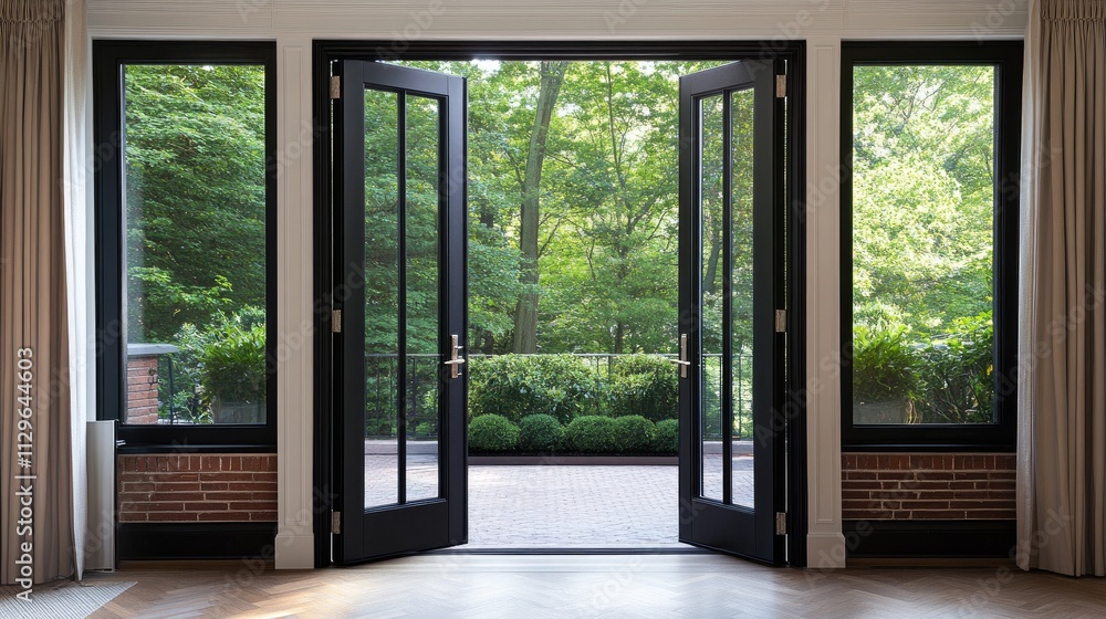 A sleek patio showcases large glass doors that open into a bright interior, surrounded by greenery and plants, providing a peaceful outdoor retreat with cozy seating. A sleek patio showcases large glass doors that open into a bright interior, surrounded by greenery and plants, providing a peaceful outdoor retreat with cozy seating.