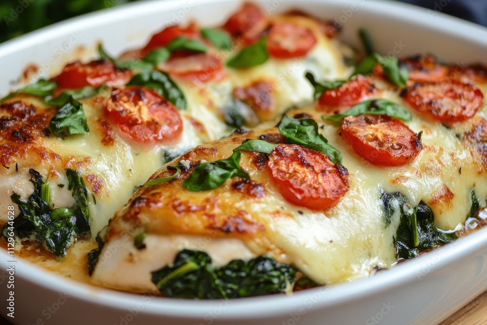 Oven cooked chicken breast filled with spinach tomatoes and cheese Oven cooked chicken breast filled with spinach tomatoes and cheese