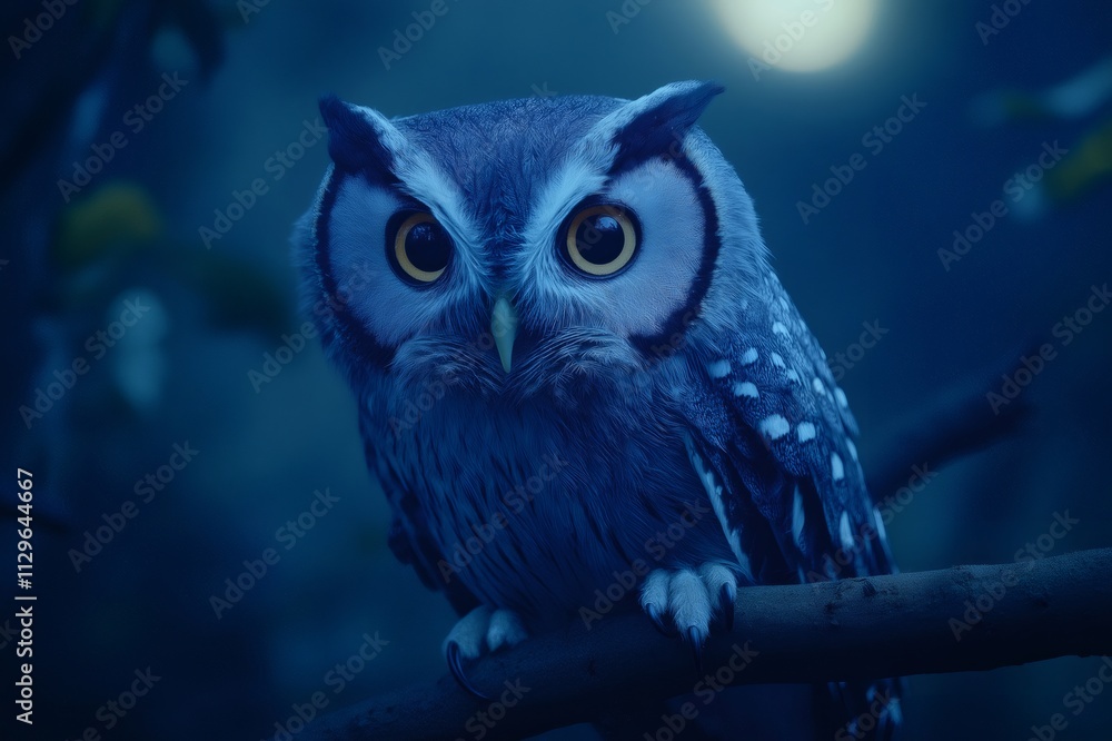 Owl perched on a branch in the night with big yellow eyes and a serious expression, illuminated by the soft glow of the moon Owl perched on a branch in the night with big yellow eyes and a serious expression, illuminated by the soft glow of the moon