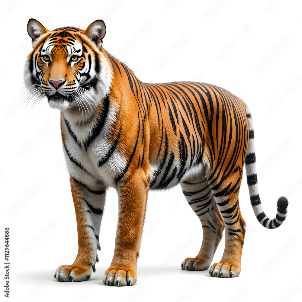 Tiger isolated on a white background, Side view, tiger standing full HD image generated by Ai. full body, realistic, full detail looking at the camera. Tiger isolated on a white background, Side view, tiger standing full HD image generated by Ai. full body, realistic, full detail looking at the camera.