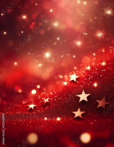 Red christmas glitter background with stars. Festive glowing blurred texture.