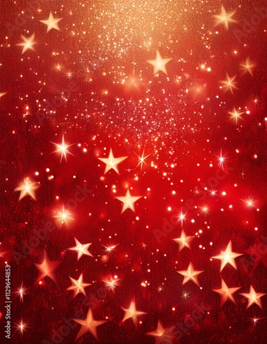 Red christmas glitter background with stars. Festive glowing blurred texture.
