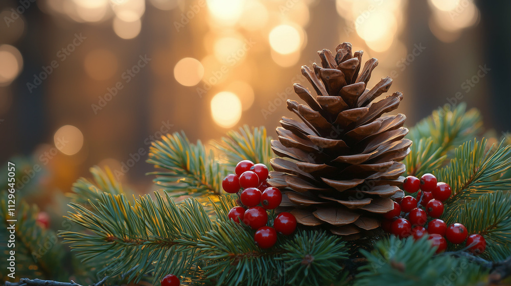 Pine cone holiday decoration on evergreen branches with red berries in a festive winter setting Pine cone holiday decoration on evergreen branches with red berries in a festive winter setting